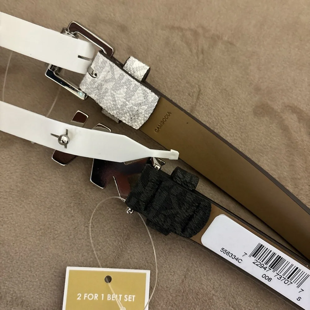 Michael Kors Women's Monogram Black & WhitSkinny Logo Belts 2Pack Size Small